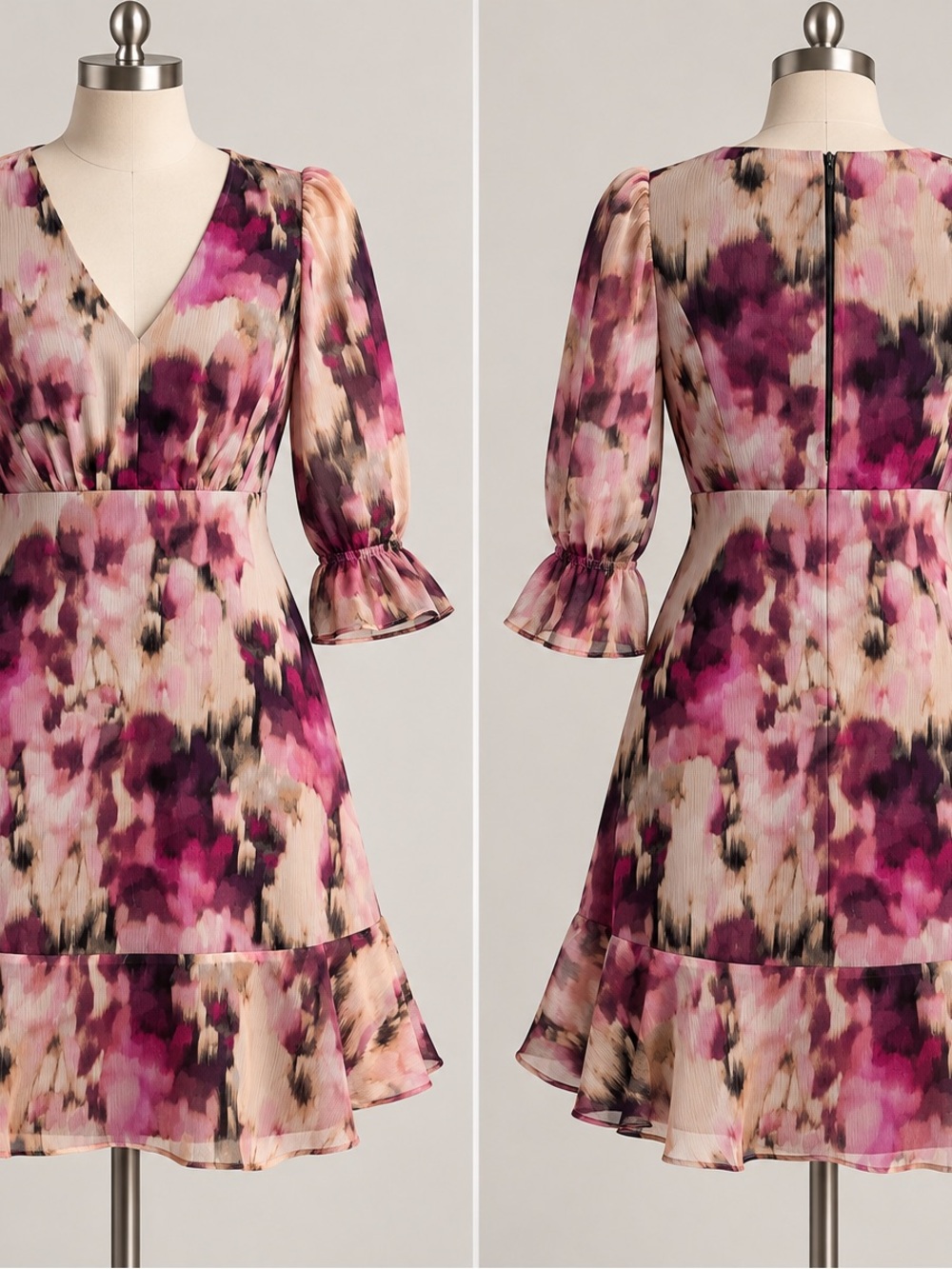 Dkny Pink and Cream Watercolor V-Neck Mini Dress